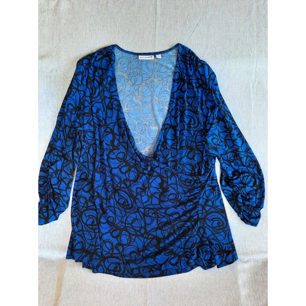 Susan Graver Women 2X Swirl Art Wrap Top Blouse Sleeve Spandex Polyester Blue